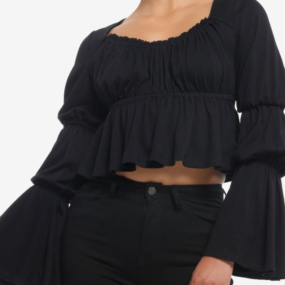 Thorn & Fable Black Ruched Bell Sleeve Girls Top size L NWOT